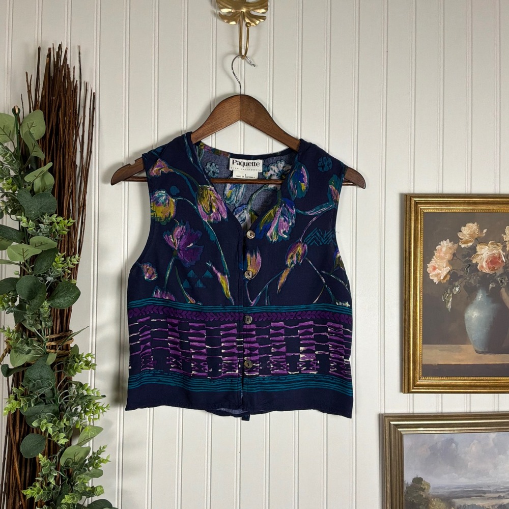 Paquette Button Up Vest Size 6 Blue Floral Excellent Vintage Crop Waist Tie